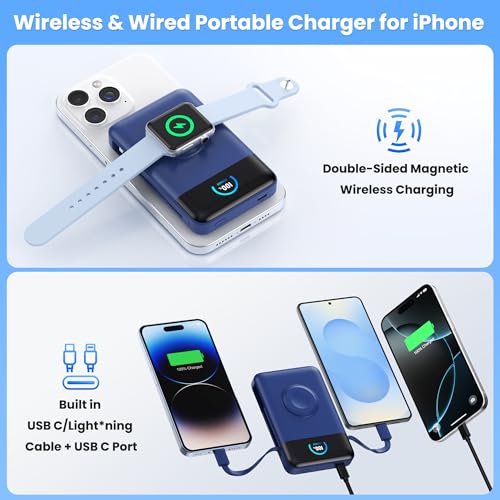 Ekrist Magnetic Portable Charger 10800mAh for MagSafe with Built-in Cable,iWatch Charger,Wireless Power Bank Travel Essentials,25W Fast Charging Battery Pack for iPhone 17/16/15/14,Apple Watch(Blue) - color: Blue