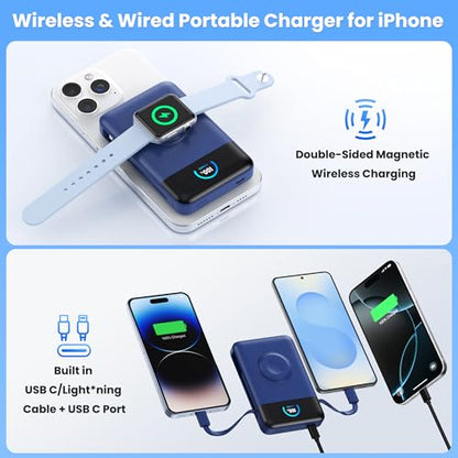 Ekrist Magnetic Portable Charger 10800mAh for MagSafe with Built-in Cable,iWatch Charger,Wireless Power Bank Travel Essentials,25W Fast Charging Battery Pack for iPhone 17/16/15/14,Apple Watch(Blue) - color: Blue