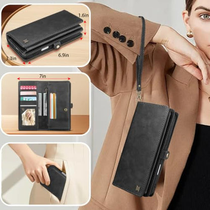 for Wallet Case Compatible with iPhone 16 Pro Max,Multi-Function Detachable 2 in 1 Magnetic iPhone 16ProMax Case Wallet,Flip Strap Zipper Card Holder Phone Case with Shoulder Strap(Darkgray) - color: DarkGray, size: iPhone 16 pro max