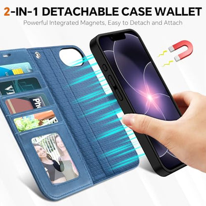 TUCCH 2-in-1 Removable Wallet Case for iPhone 17e & 16e (6.1"), Light Blue | RFID Blocking, 4 Card Holders, Kickstand, Wrist Strap, Wireless Charging, Shockproof TPU, PU Leather, Magnetic, Flip Cover - color: Light Blue