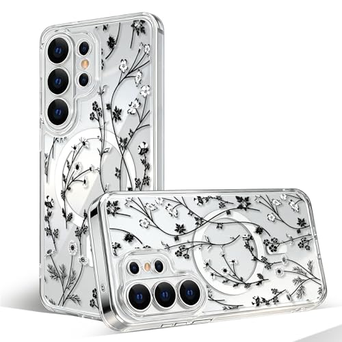 Magnetic Case for Samsung Galaxy S26 Ultra [Compatible with MagSafe] Cute Clear Flower Floral Case for Women Girls Soft TPU Bumper Hard PC Back Anti-Fall Shockproof Protective Slim Cover A10 - color: Flower Branch 3, size: Samsung Galaxy S26 Ultra Case