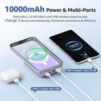 Azmuth for MagSafe Portable Charger, 10000mAh Magnetic Power Bank 20W PD | Fast Charging,Wireless Battery Pack with LED Display & Stand,Travel Essentials,for iPhone 17/16/15/14/13/12 Series - color: Purple