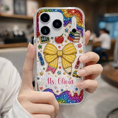 Teaching is A Work of Heart Pencil Bow and Apple - Personalized Clear Phone Case Cute Teacher Appreciation Week Gift Back to School Protective Cover for Women