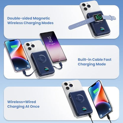 Ekrist Magnetic Portable Charger 10800mAh for MagSafe with Built-in Cable,iWatch Charger,Wireless Power Bank Travel Essentials,25W Fast Charging Battery Pack for iPhone 17/16/15/14,Apple Watch(Navy) - color: Navy