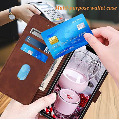 for iPhone X/Xs Flip Wallet Case with Card Slots, Brown | PU Leather, TPU Interior, 3 Card Slots, Cash Pocket, Magnetic Clasp, Detachable Wrist Strap, Stand, Precise Cutouts - color: Brown