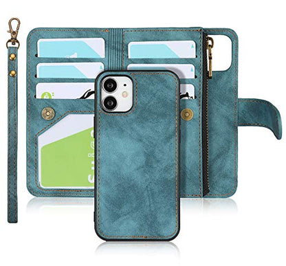 iCoverCase for iPhone 12 Mini Wallet Case with Card Holder and Wrist Strap, PU Leather Kickstand Card Slots Zipper Pocket Magnetic [Detachable] Flip Cover Case 5.4 Inch (Blue) - color: Blue