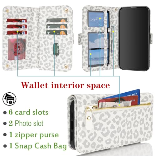 for iPhone 15 Pro Wallet Case for Women,for iPhone 15 Pro Case with Strap Crossbody Lanyard,PU Leather Shockproof Card Holder Stand Zipper Pocket Flip Phone Case-White Leopard - color: White Leopard