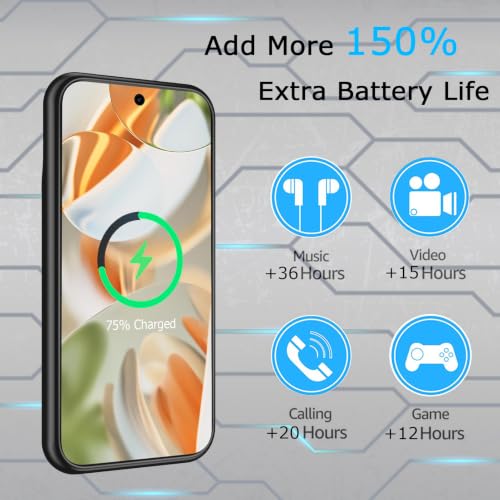 Battery Case for Pixel 9/9 Pro, Upgraded 10000mAh Slim Rechargeable Portable Extended Battery Pack Supported Qi Wireless Charging Case Compatible with Pixel 9/9 Pro(6.3 inch) Charging Case-Black - size: Pixel 9/9 Pro