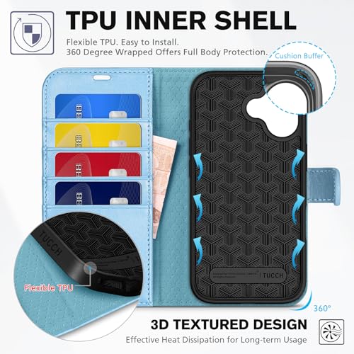 TUCCH Wallet Case for iPhone 17 6.3" 2025, 4 Card Slots, Pearly Light Blue | RFID Blocking, Viewing Stand, Shockproof TPU Shell, PU Leather, Magnetic Closure, Protective Folio Flip Cover - color: Pearly Light Blue