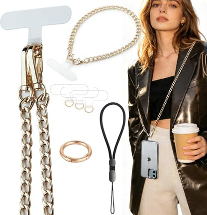 Crossbody Phone Lanyard Chain Shoulder Cell Phones Strap Charm Neck Chain with Wrist Strap Finger Grip 3 Pad Patches Tether Anti Theft Universal for iPhone 17 16 Pro Max 15 14 Samsung Gold - color: Gold Set