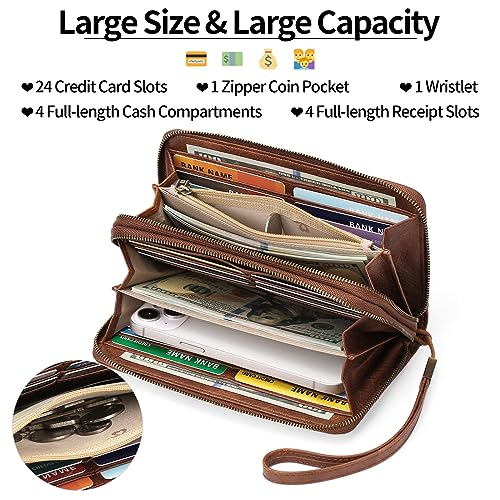 GAEKEAO RFID Leather Wristlet Wallet for Women with Grip Strap | Large capacity clutch wallet, credit card holder, wrist strap, zipper purse, travel and shopping - color: A01 Retro Brown Tan