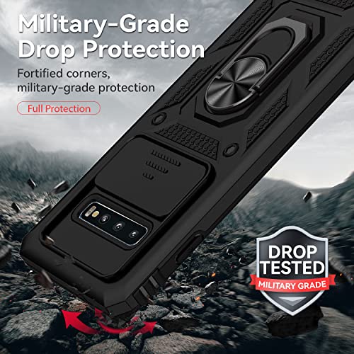 for Samsung Galaxy S10 Plus Case with Camera Lens Cover HD Screen Protector, Military-Grade Drop Tested Magnetic Ring Holder Kickstand Protective Phone Case for Samsung Galaxy S10+ Plus (Black) - color: Black with camera cover Military-Grade 2nd gen