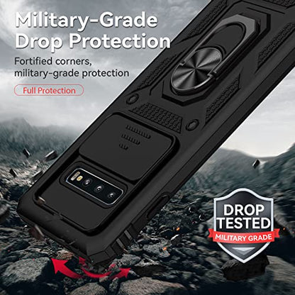 for Samsung Galaxy S10 Plus Case with Camera Lens Cover HD Screen Protector, Military-Grade Drop Tested Magnetic Ring Holder Kickstand Protective Phone Case for Samsung Galaxy S10+ Plus (Black) - color: Black with camera cover Military-Grade 2nd gen