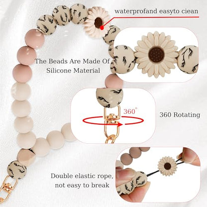 Silicone Beaded Phone Wrist Strap for Women, Elastic Wristlet - color: Khaki Daisy