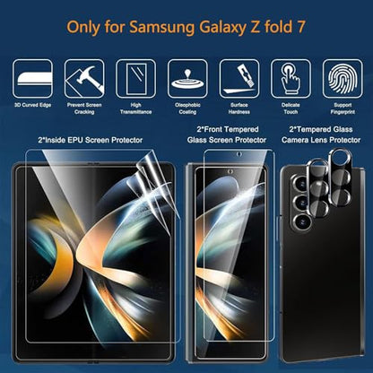 2 Tempered Glass Front Small Screen Protector for Samsung Galaxy Z Fold 7 + 2X Inner Soft Foldable TPU Film shields+ 2X Camera Lens Protector [Scratch Resistant] [Bubble Free] [Case Friendly] [HD] - color: 6 in 1