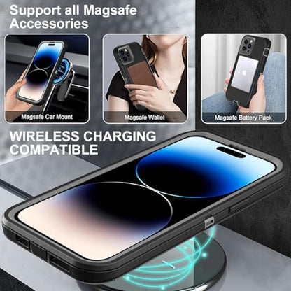 YKHJKLEC for iPhone 14 Pro Case, Compatible with Magsafe, Military Grade 3 in 1 Heavy Duty Shockproof/Drop Proof/Dust Proof Case with 2Pcs Tempered Glass Screen Protector (New-Black/Grey) - color: New-Black/Grey