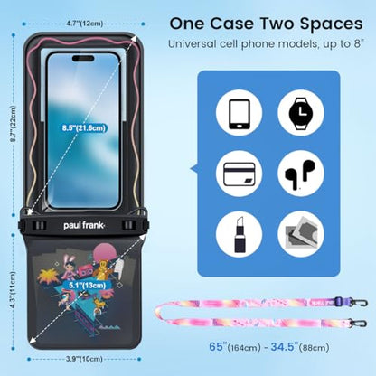 Paul Frank Floating Waterproof Phone Pouch - 2 Pack, Up to 8.5'' Double Space IPX8 Waterproof Phone Case with Lanyard for iPhone 17 16 15 Pro Max, Cellphone Dry Bag for Beach Vacation Essentials - color: [Black + Pink]
