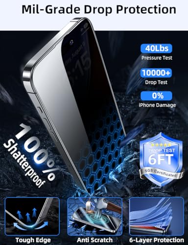 ruwa Privacy Screen Protector for iPhone 15 and iPhone 16 [6.1 Inch][2-Pack] Tempered Glass with Easy Installation Frame, Anti-Scratch,Anti-peep, Full Coverage - size: for iPhone 15/16-6.1 inch 2-Pack