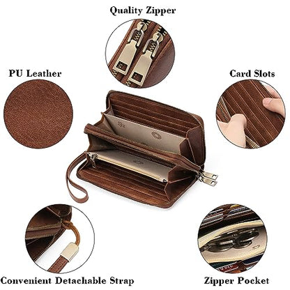 GAEKEAO RFID Leather Wristlet Wallet for Women with Grip Strap | Large capacity clutch wallet, credit card holder, wrist strap, zipper purse, travel and shopping - color: A01 Retro Brown Tan