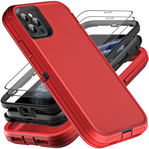 YKHJKLEC for iPhone 11 Pro Case, Military Grade 3 in 1 Heavy Duty Shockproof/Drop Proof/Dust Proof Case with 2Pcs Tempered Glass Screen Protector (Red/Black) - color: Red/Black