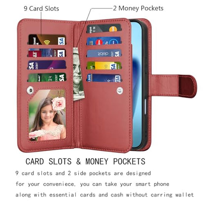 NJJEX Wallet Case Compatible with iPhone 17 Air 6.5" 2025, [9 Card Slots] PU Leather ID Credit Holder Folio Flip [Detachable] Kickstand Magnetic Phone Cover & Lanyard for iPhone Air [Wine Red] | PU leather folio flip, detachable magnetic phone cover, inte