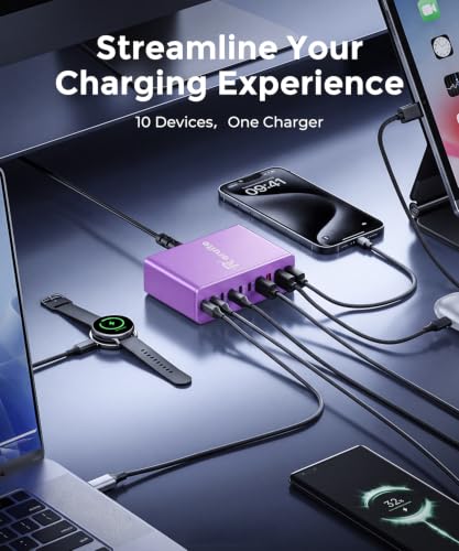 USB C Charging Station 10 Port with 4 Cables,245W GaN Charger Block - color: Purple