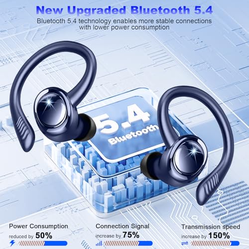 Hupoaf Wireless Earbuds Sport, 2025 Bluetooth 5.4 Headphones with Earhooks, 50H Stereo Deep Bass Over Ear Buds with 4 ENC Noise Canceling Mics, IP7 Waterproof Earphones for Running Workout Gym -Blue - color: A-Dark Blue
