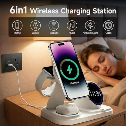 6 -in -1 Wireless Charger Charging Station : Compatibility for iPhone 17 16 15 14 Pro Max Apple Watch, Charger Stand for Apple Devices, with Wireless Speaker and Digital Clock Ambient Lights (White)