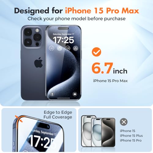 UNBREAKcable 3-Pack Screen Protector for iPhone 15 Pro Max, Double Shatterproof Tempered Glass [Easy Installation Frame] [HD Clear] [9H Hardness] [Full Coverage] for iPhone 6.7 inch - size: iPhone 15 Pro Max