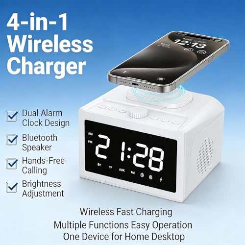 Multifunctional Wireless Charger, Wireless Charging Station with Time and Alarm Clock, Charging Dock with Bluetooth Speaker, 15W Wireless Fast Charging, All-in-One Charging Base,S31 White. - color: Multifunctional Alarm Clock S31 White
