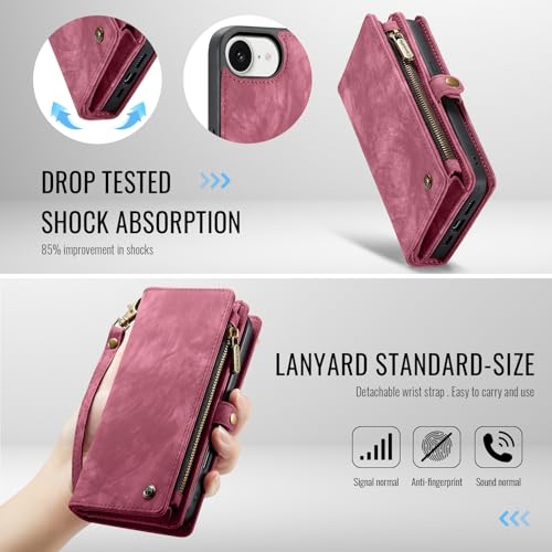 Compatible with iPhone 17E/16E Wallet Case with Magsafe,Red | Magnetic Detachable Case,Card Holder,Zipper Pocket,Strap Wristlet, Soft Leather Drop-Proof Phone Case for iPhone 17E/16E - color: (Detachable and Magsafe)-Red, size: iPhone 16E/17E 6.1 Inch