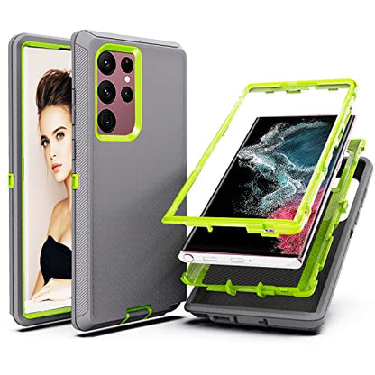 YmhxcY for S22 Ultra Case, Drop Proof 3-Layer Durable Cover/Shockproof Armor Drop Protection/Solid Rubber Protective Matte Cover for Galaxy S22 Ultra 6.8”-Dark Grey/Lime Green - color: Dark grey and Lime green