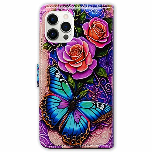 Bcov Case for iPhone 14 Pro,Blue Butterfly Flowers Rose Leather Flip Phone Case Wallet Cover with Card Slot Holder Kickstand for iPhone 14 Pro - color: Blue Butterfly Flowers Rose
