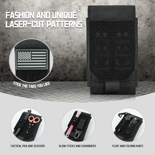 Molle Dual Phone Pouch, Upgrade Laser Cut Heavy Duty Waterproof Samll Tactical Cell Phone Holder with US Flag Patch for 4.7"-6.7" (DULA-Black) - color: DULA-BLACK