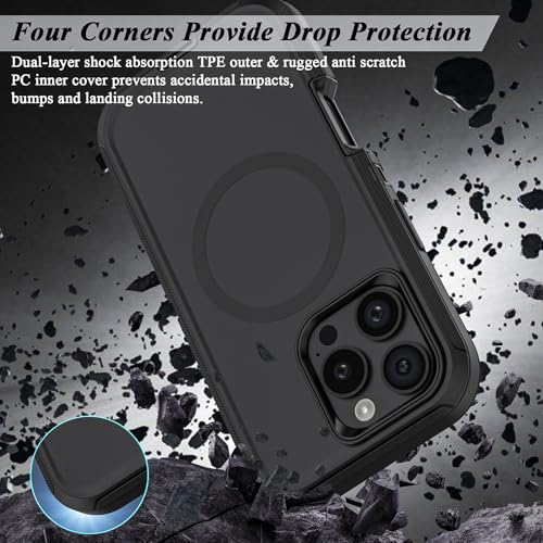 Compatible with iPhone 16 Pro Max Case, with Belt Clip Holster Heavy Duty Magnetic Wireless Charging Full Body Protection Kickstand Cover for iPhone 16 Pro Max 6.9 inch Phone（Black - color: Black