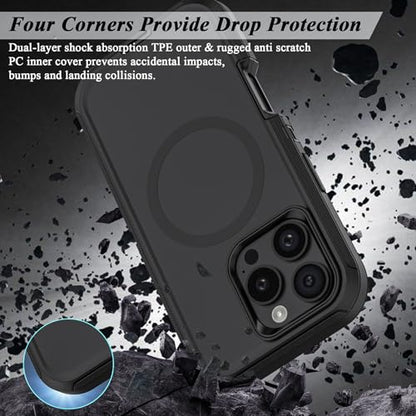 Compatible with iPhone 16 Pro Max Case, with Belt Clip Holster Heavy Duty Magnetic Wireless Charging Full Body Protection Kickstand Cover for iPhone 16 Pro Max 6.9 inch Phone（Black - color: Black