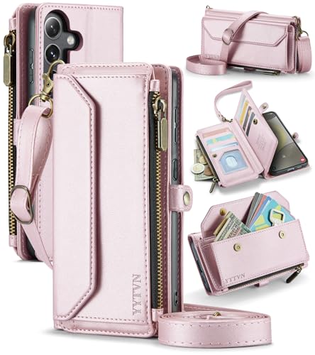 for Samsung Galaxy S23 Wallet Case with Card Holder, Rose Gold | RFID Blocking Slots, Crossbody Lanyard, Wrist Strap, Zipper Pocket Purse Handbag, Magnetic Closure - color: Rose Gold, size: Galxay S23