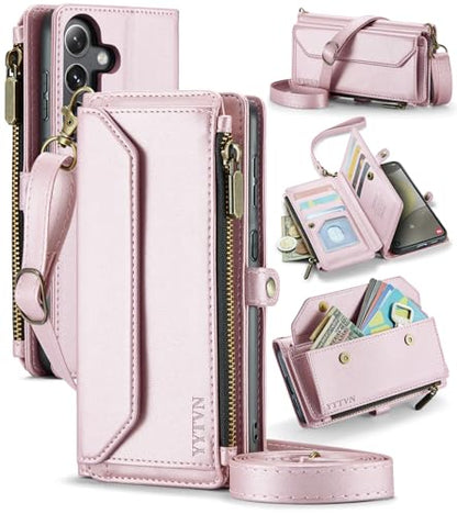 for Samsung Galaxy S23 Wallet Case with Card Holder, Rose Gold | RFID Blocking Slots, Crossbody Lanyard, Wrist Strap, Zipper Pocket Purse Handbag, Magnetic Closure - color: Rose Gold, size: Galxay S23