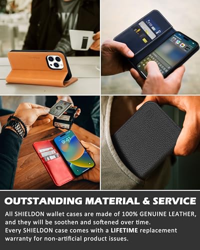 SHIELDON Genuine Leather Wallet Case for iPhone 13 Pro 6.1" 2021, Black | Magnetic Closure, RFID Blocking, Credit Card Holder, Kickstand, Folio Book Design, Shockproof Phone Cover - color: Black