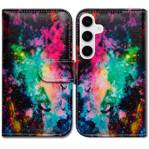 Bcov Case for Galaxy S25 FE, Colorful Universe Sky Leather Flip Phone Case Wallet Cover with Card Slot Holder Kickstand - color: Colorful Universe Sky