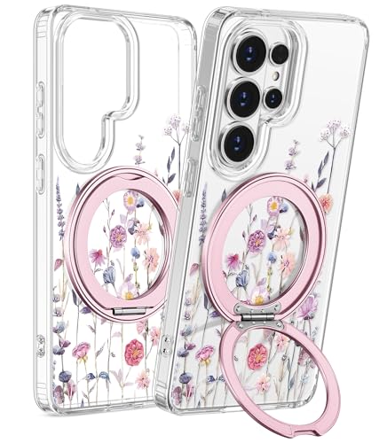 for Samsung Galaxy S26 Ultra Case with Stand - Cute Soft TPU Clear Phone Cover for Women Girls Compatible with Magsafe Girly Unique Design with Magnetic Ring for S26 Ultra, Purple Flower - color: Purple Flower, size: for Samsung Galaxy S26 Ultra