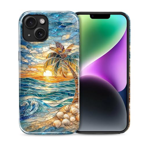 Case for iPhone 14 Plus, Dual Layer Phone Cover, Stained Glass Beach Palm - color: Stained Glass Beach Palm, size: Iphone 14 Plus