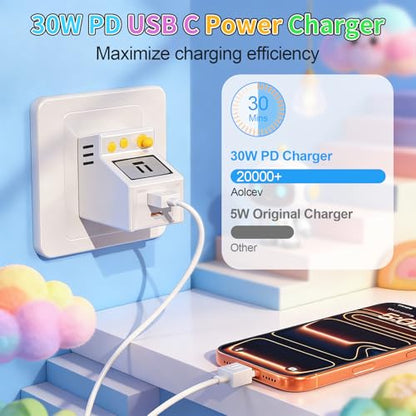 Aolcev for iPhone Charger 2 in 1 Dual USB A USB C Charger Block 2PCS 30W - color: Black+White