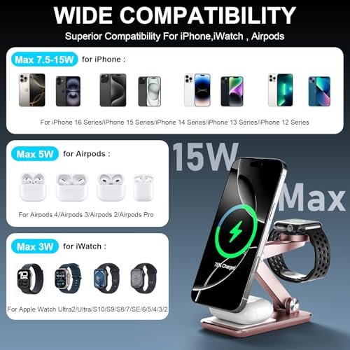 Wireless Charger 3 in 1,Foldable Wireless Charging Station for Apple MagSafe Charger,Aluminum Portable Magnetic Travel Charger Stand for iPhone,Watch,Aipods (with 20W Adapter & Case) - color: Gold