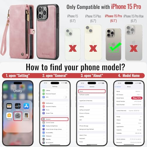 Defencase for iPhone 15 Pro Case Wallet Compatible with Magsafe, Rose Pink | Drop-Proof Magnetic Detachable Phone Cases Cover, with RFID Bolcking Card Holder, Zipper Strap, PU Leather, Removable Wallet - color: (Detachable with Magsafe)-Pink