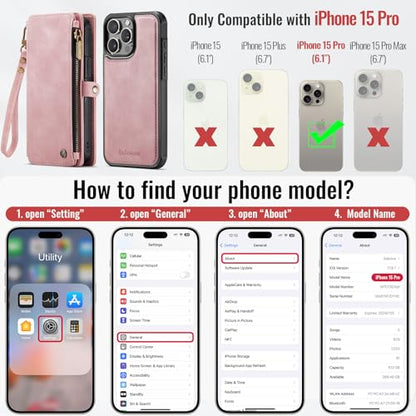 Defencase for iPhone 15 Pro Case Wallet Compatible with Magsafe, Rose Pink | Drop-Proof Magnetic Detachable Phone Cases Cover, with RFID Bolcking Card Holder, Zipper Strap, PU Leather, Removable Wallet - color: (Detachable with Magsafe)-Pink