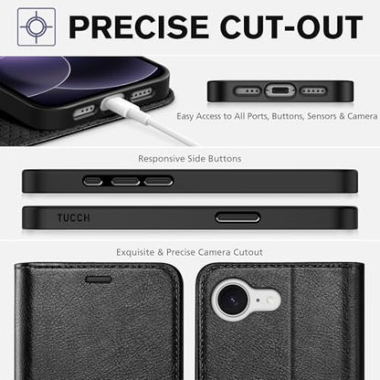 TUCCH Case Wallet for iPhone 17e/16e (6.1"), Flip Stand, Textured Black | 4 Card Holders, Kickstand, PU Leather, Magnetic Closure, Shockproof TPU Shell, Protective Flip Cover - color: Black - Textured