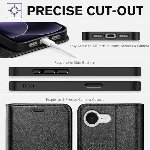 TUCCH Case Wallet for iPhone 17e/16e (6.1"), Flip Stand, Textured Black | 4 Card Holders, Kickstand, PU Leather, Magnetic Closure, Shockproof TPU Shell, Protective Flip Cover - color: Black - Textured