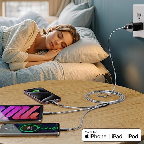 Multi Charging Cable 2Pack 6FT 3 in 1 Long Apple MFi Certified Cable - color: Grey/Silver, size: 6ft