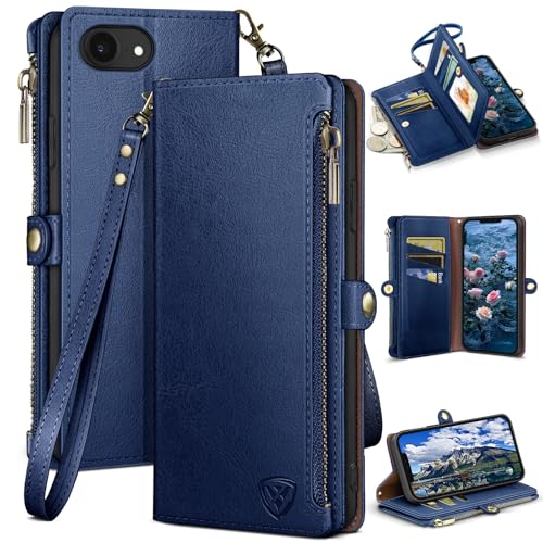 XcaseBar Compatible with ‌iPhone 16e 6.1"/17e 6.1" Wallet case with Zipper Credit Card Holder【RFID Blocking】,Flip Folio Book PU Leather Phone case Shockproof Cover Women Men for Apple 16e case Blue - color: Blue